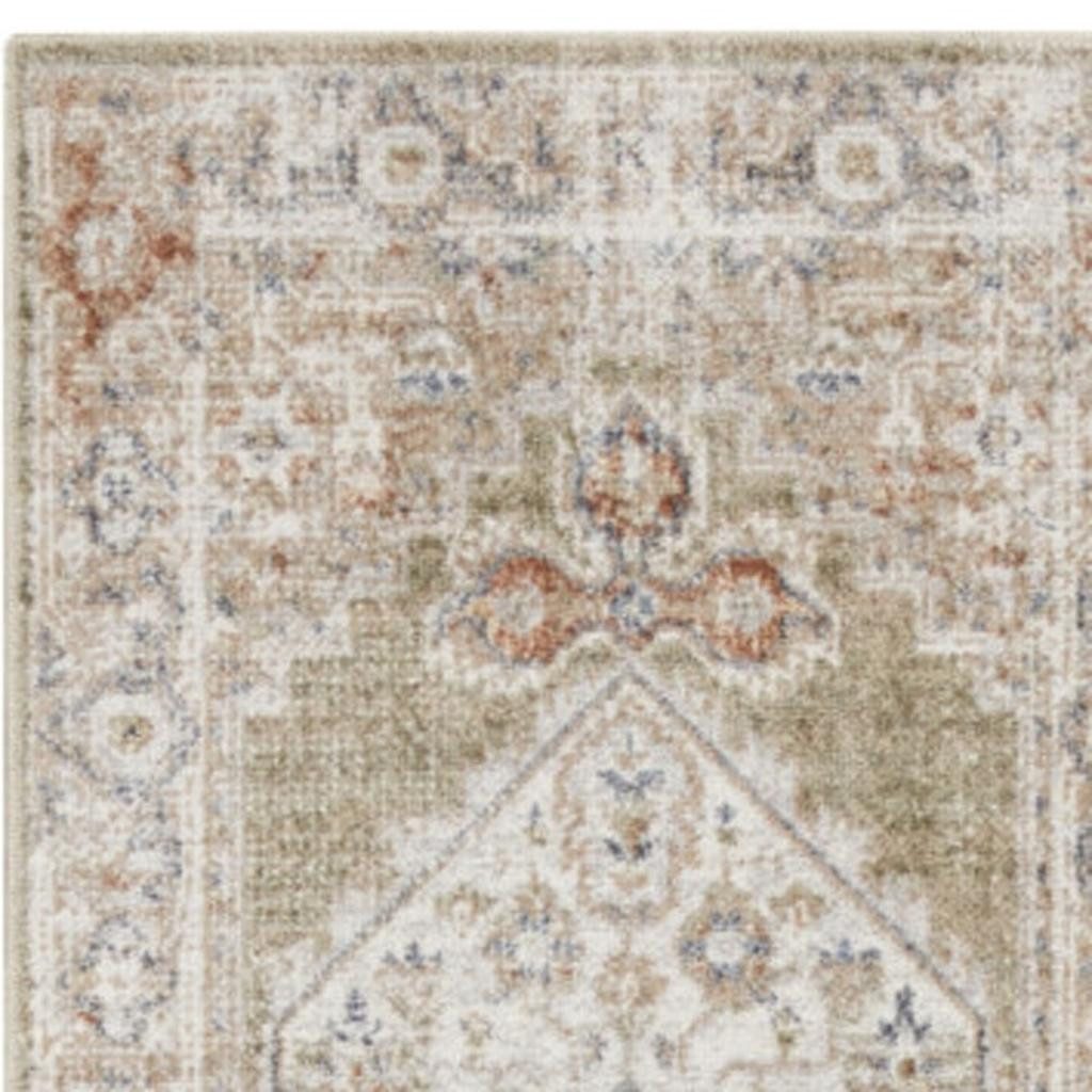 8′ Sage Polyester Washable Oriental Distressed Runner Rug