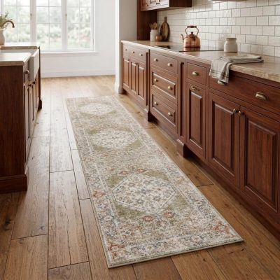 8′ Sage Polyester Washable Oriental Distressed Runner Rug