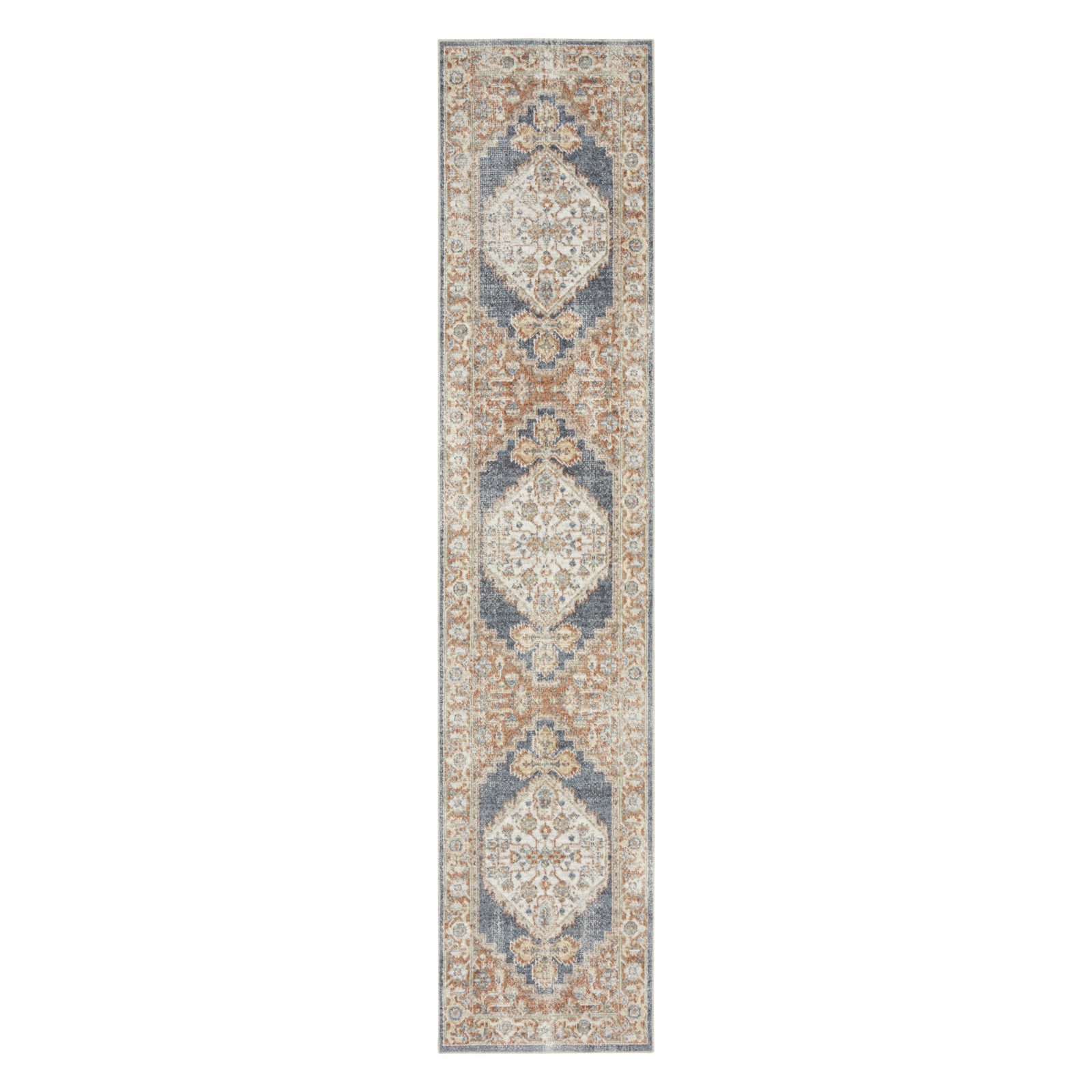 8′ Denim Blue Oriental Distressed Washable Polyester Runner Rug