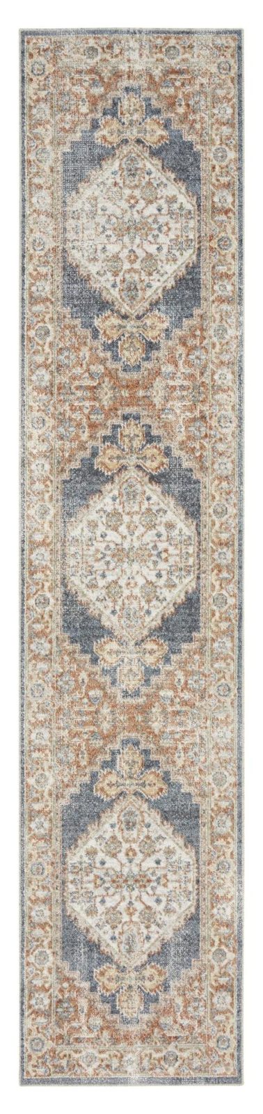 8′ Denim Blue Oriental Distressed Washable Polyester Runner Rug