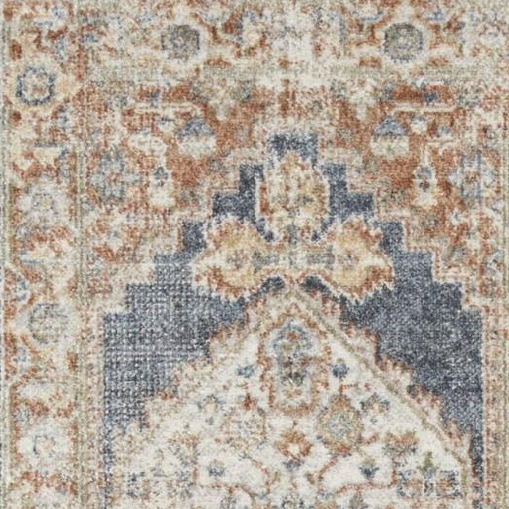 8′ Denim Blue Oriental Distressed Washable Polyester Runner Rug