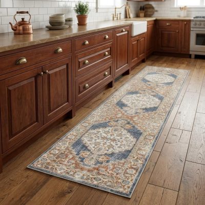 8′ Denim Blue Oriental Distressed Washable Polyester Runner Rug