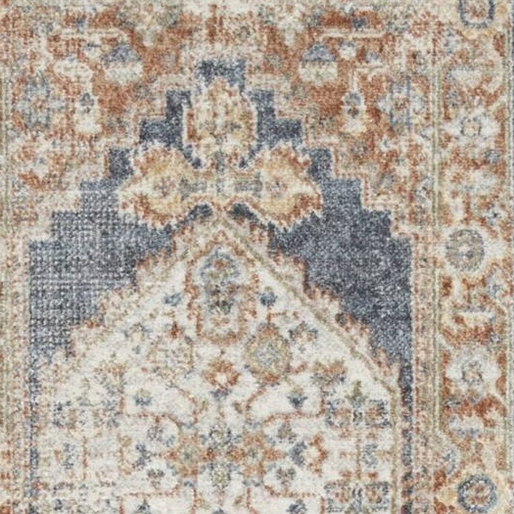 8′ Denim Blue Oriental Distressed Washable Polyester Runner Rug