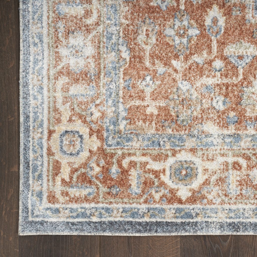 8′ Denim Blue Oriental Distressed Washable Polyester Runner Rug