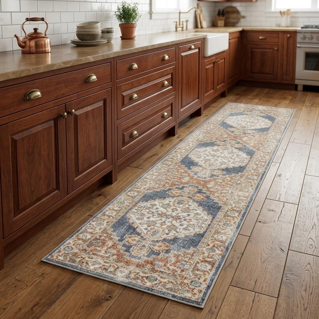 8′ Denim Blue Oriental Distressed Washable Polyester Runner Rug