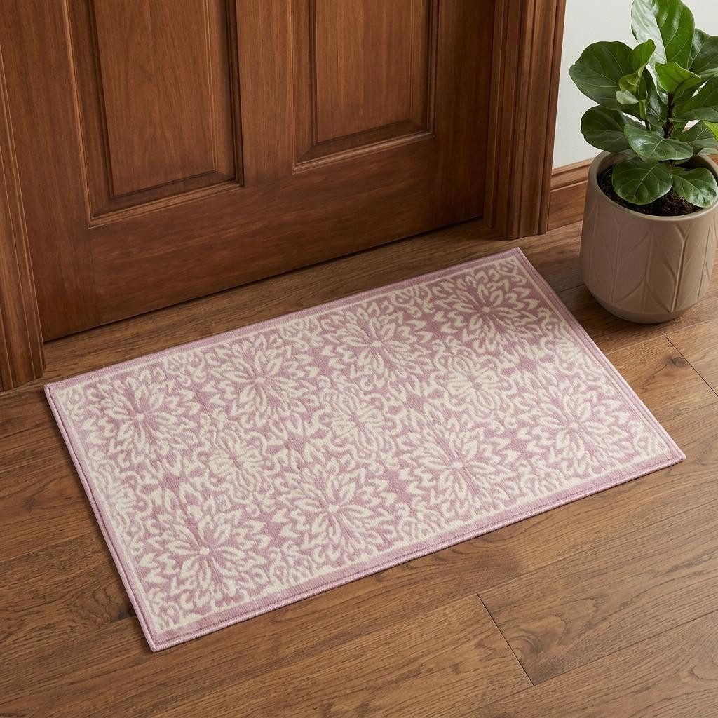 Pink Floral Polypropylene Power Loom Area Rug