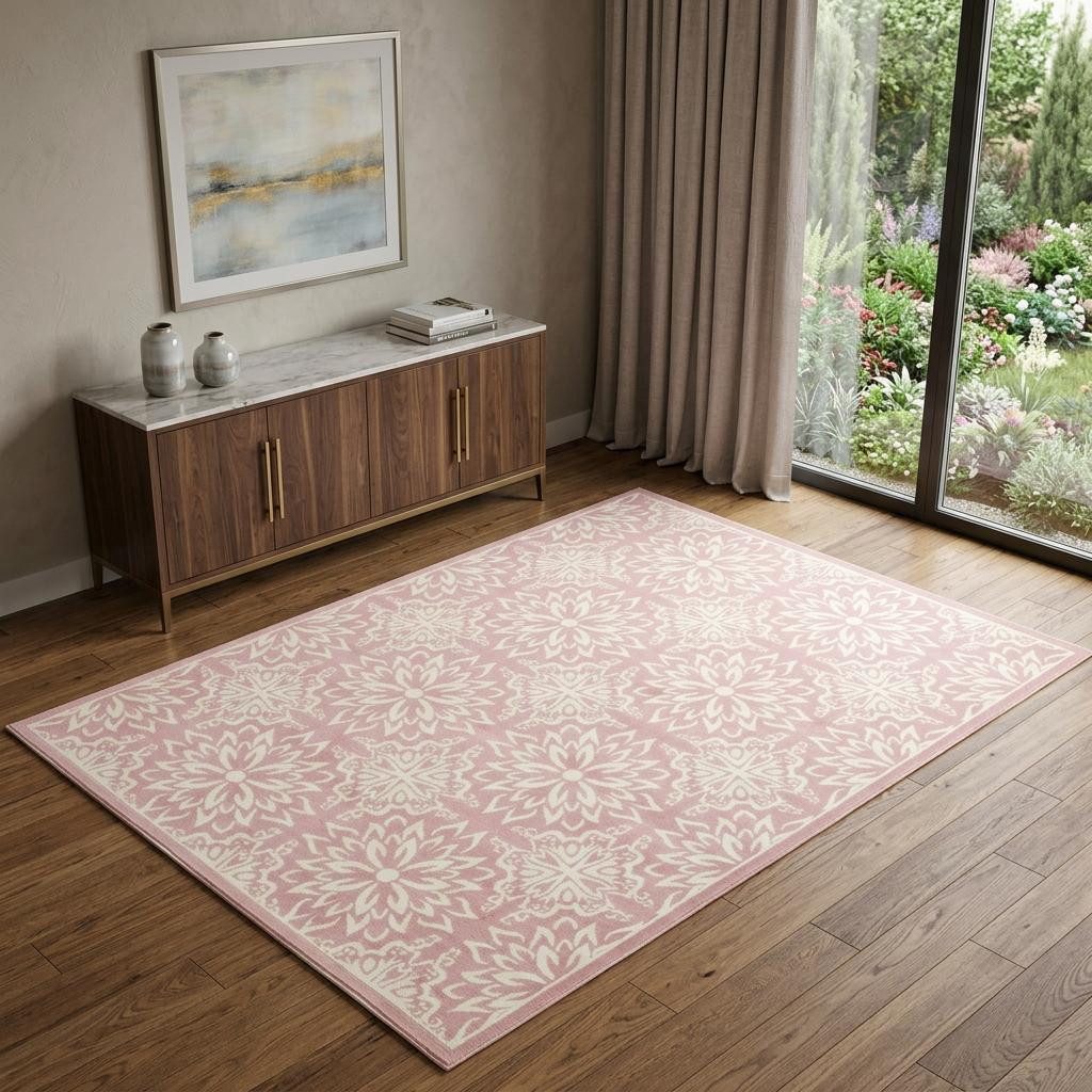 Pink Floral Polypropylene Power Loom Area Rug, 4′ × 6′