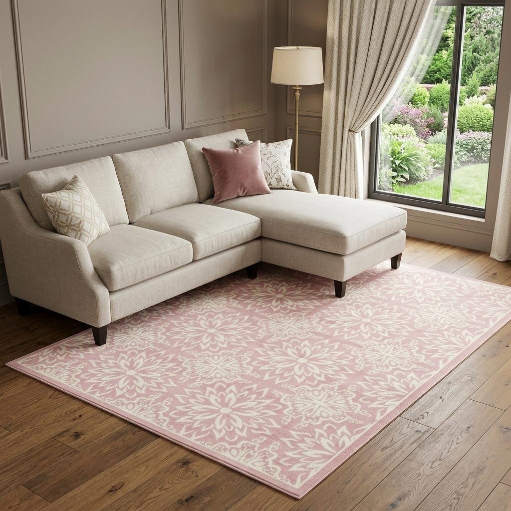 Pink Floral Polypropylene Power Loom Area Rug, 6′ × 9′