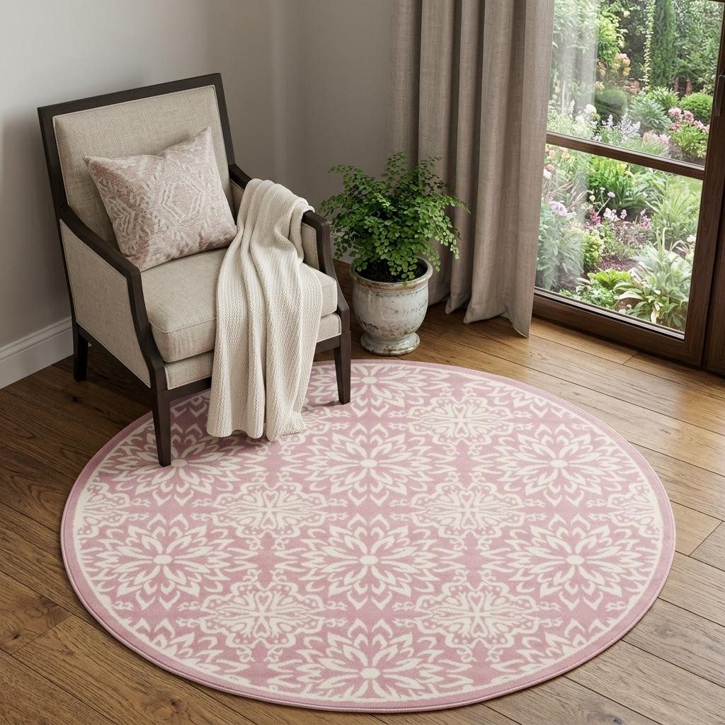 Pink Floral Polypropylene Power Loom Area Rug, 5′ Round