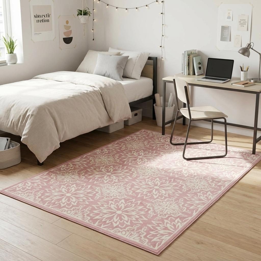 Pink Floral Polypropylene Power Loom Area Rug, 5′ × 7′