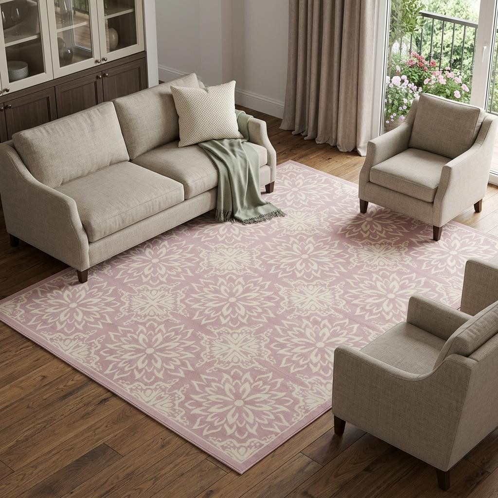 Pink Floral Polypropylene Power Loom Area Rug, 8′ × 10′