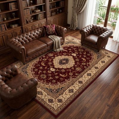 Red and Beige Floral Medallion Olefin Power Loom Area Rug