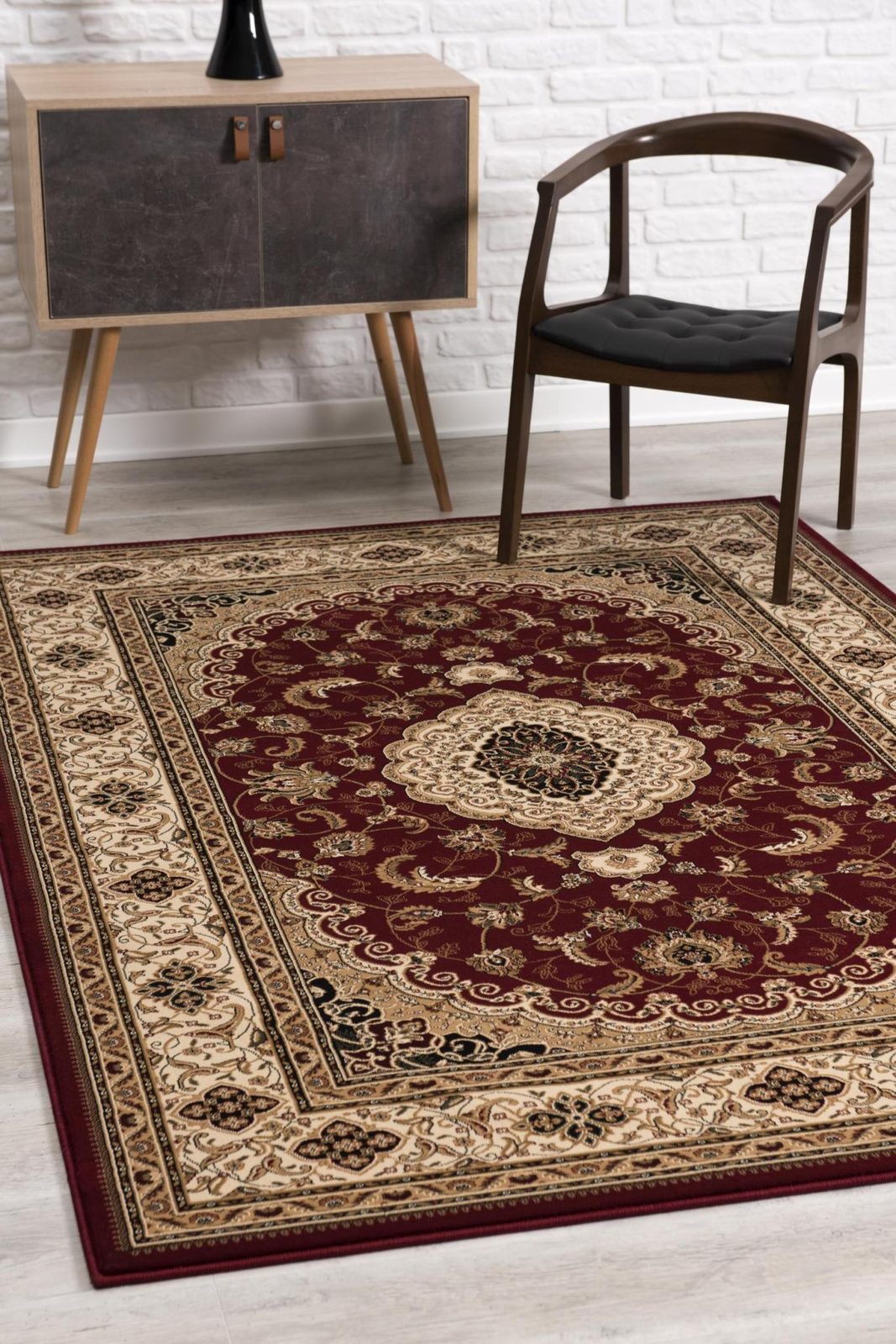 Red and Beige Floral Medallion Olefin Power Loom Area Rug