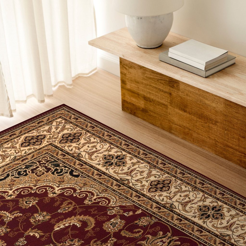 Red and Beige Floral Medallion Olefin Power Loom Area Rug