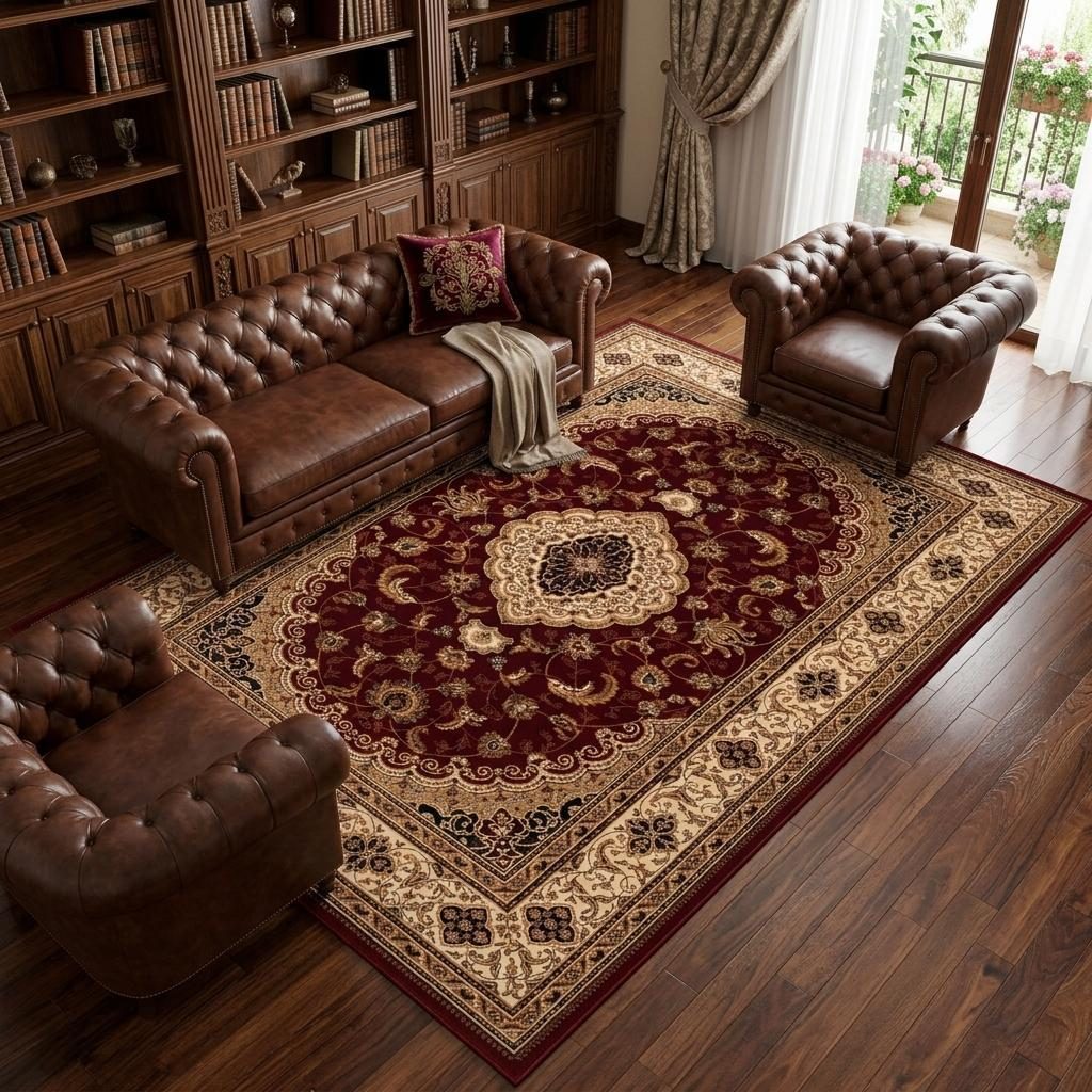 Red and Beige Floral Medallion Olefin Power Loom Area Rug