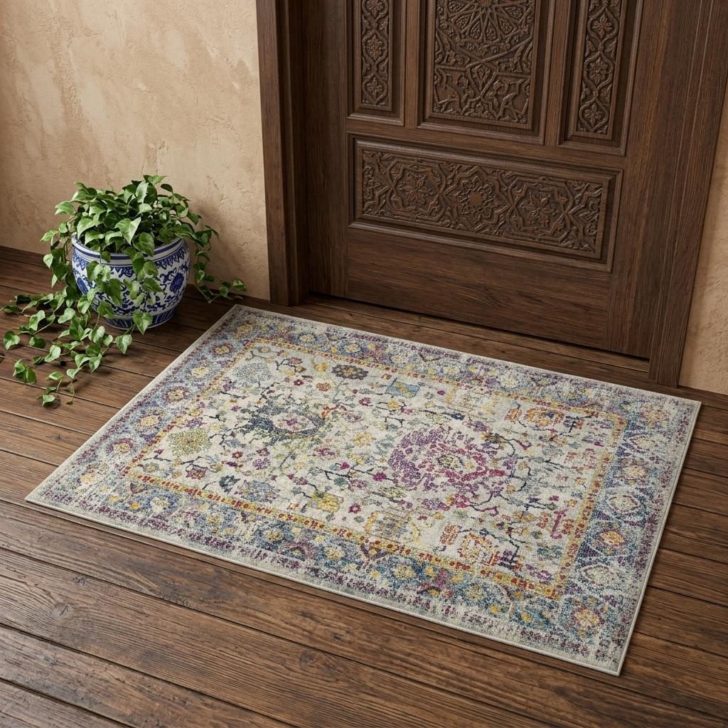 Gray Blue and Purple Polypropylene Rectangle Area Rug