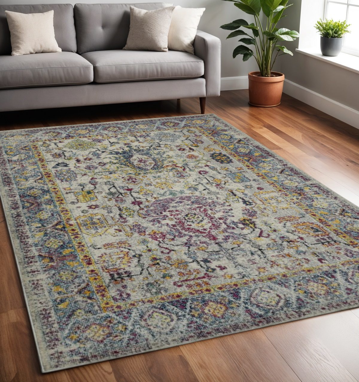 Gray Blue and Purple Polypropylene Rectangle Area Rug, 5′ × 7′