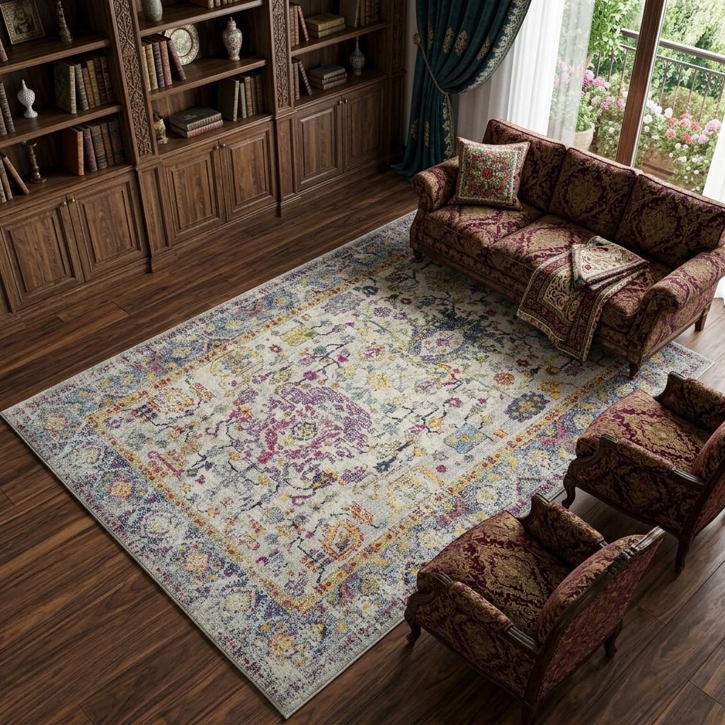 Gray Blue and Purple Polypropylene Rectangle Area Rug, 8′ × 11′