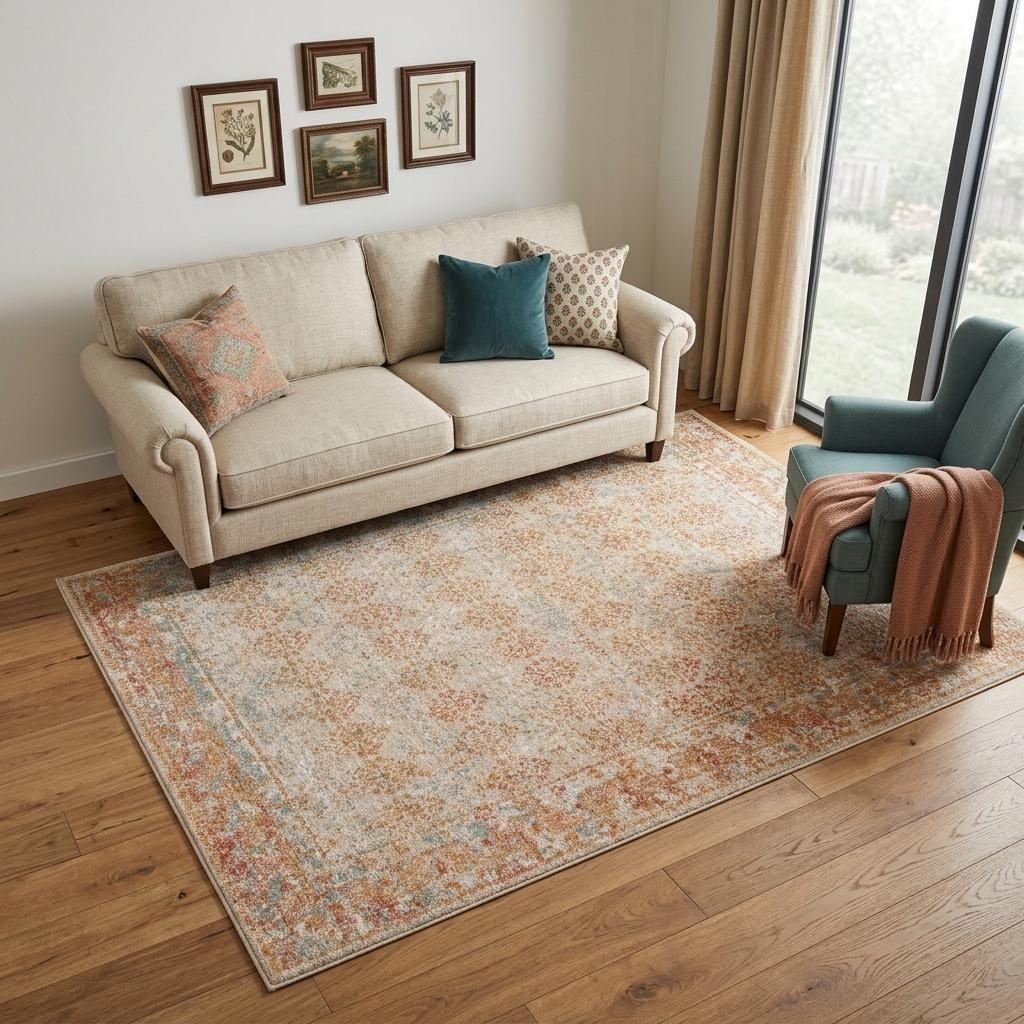 Beige Orange and Teal Southwestern Polypropylene Area Rug, 6′ × 8′