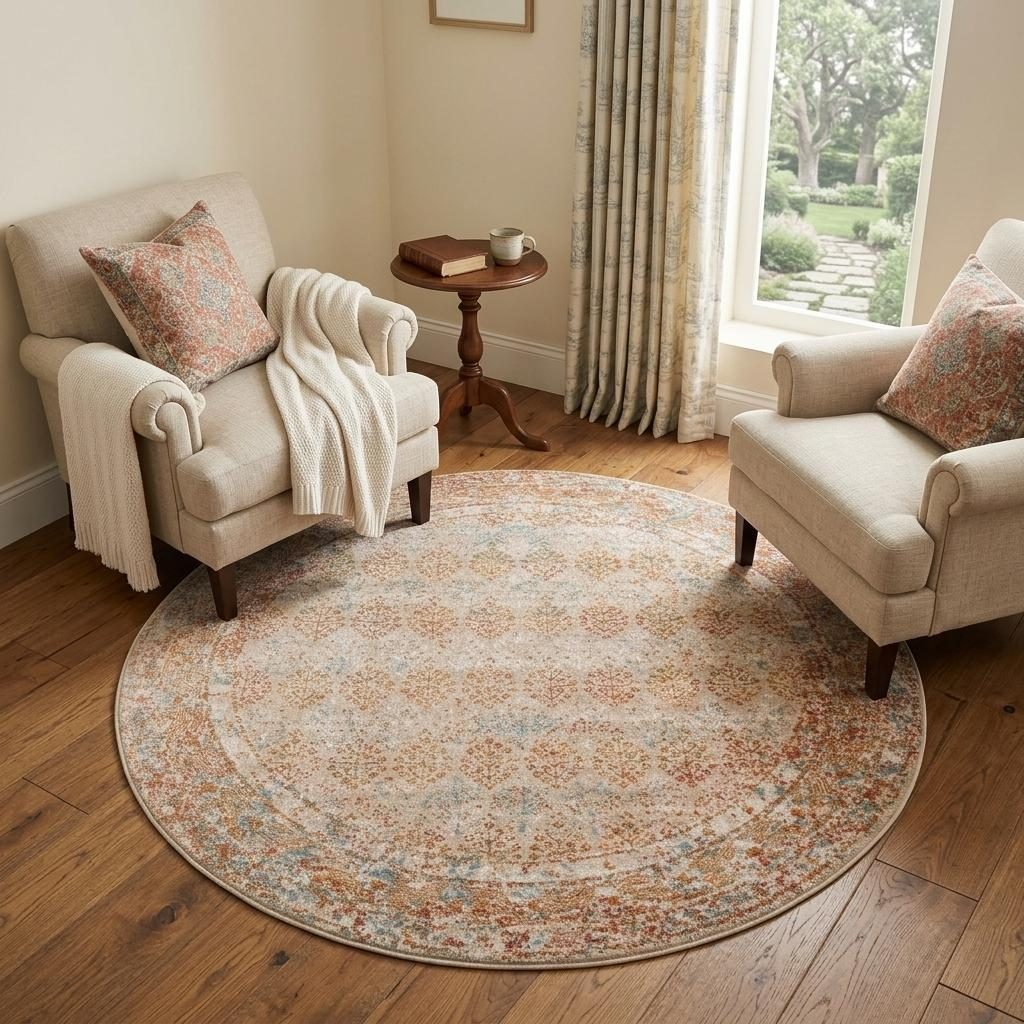 Beige Orange and Teal Southwestern Polypropylene Area Rug, 6′ Round