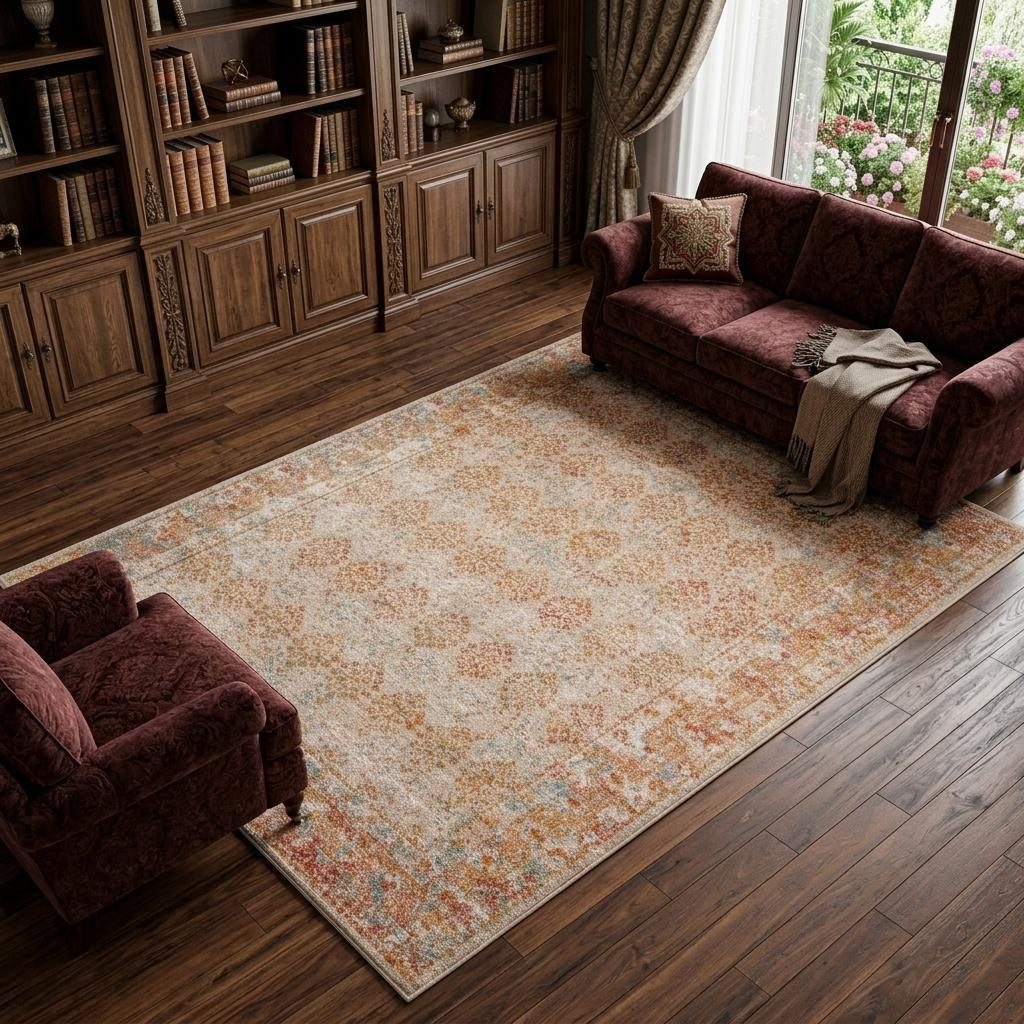 Beige Orange and Teal Southwestern Polypropylene Area Rug, 7′ × 9′