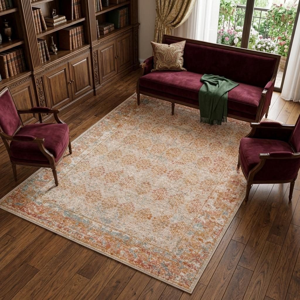 Beige Orange and Teal Southwestern Polypropylene Area Rug, 9′ × 12′