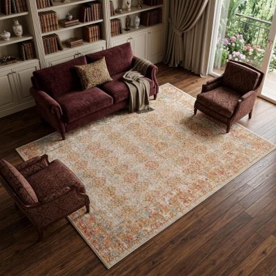 Beige Orange and Teal Southwestern Polypropylene Area Rug
