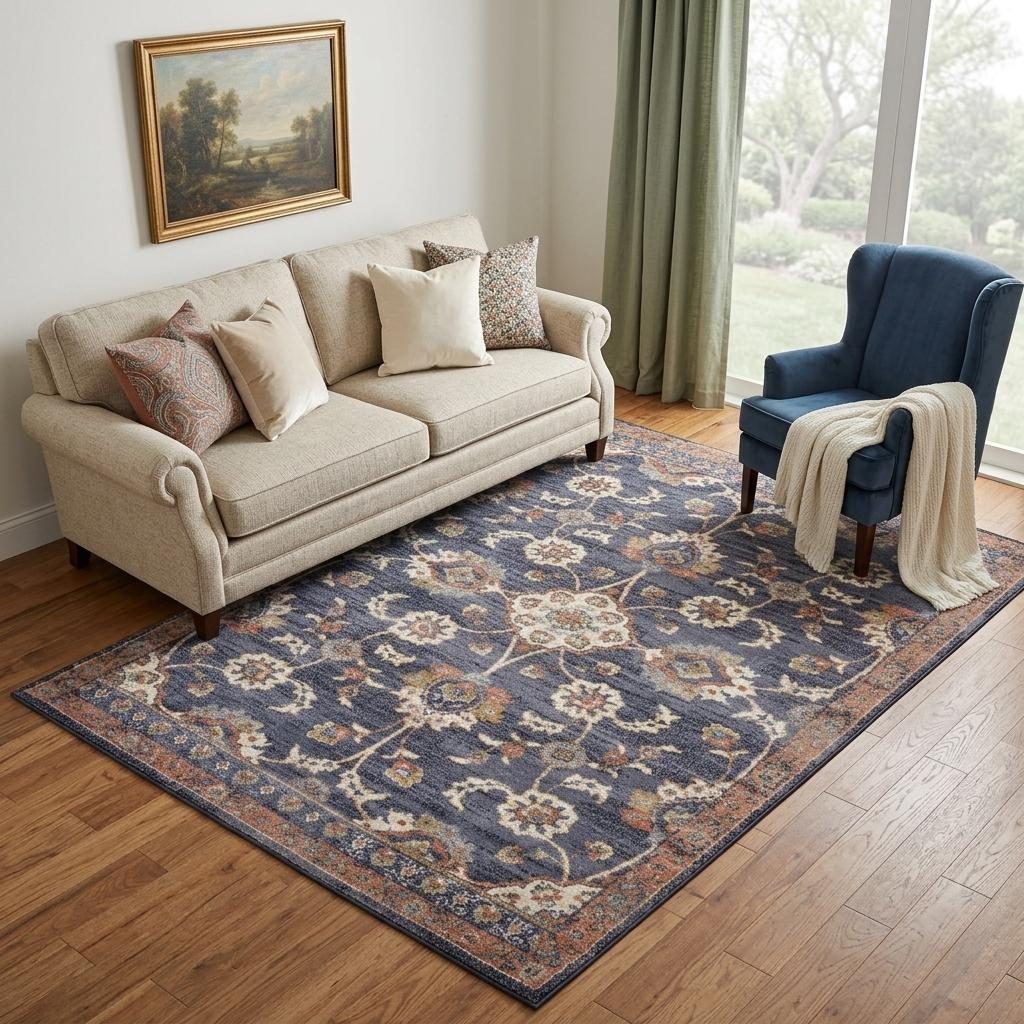 Ivory Orange and Dark Gray Floral Polypropylene Area Rug, 5′ × 8′