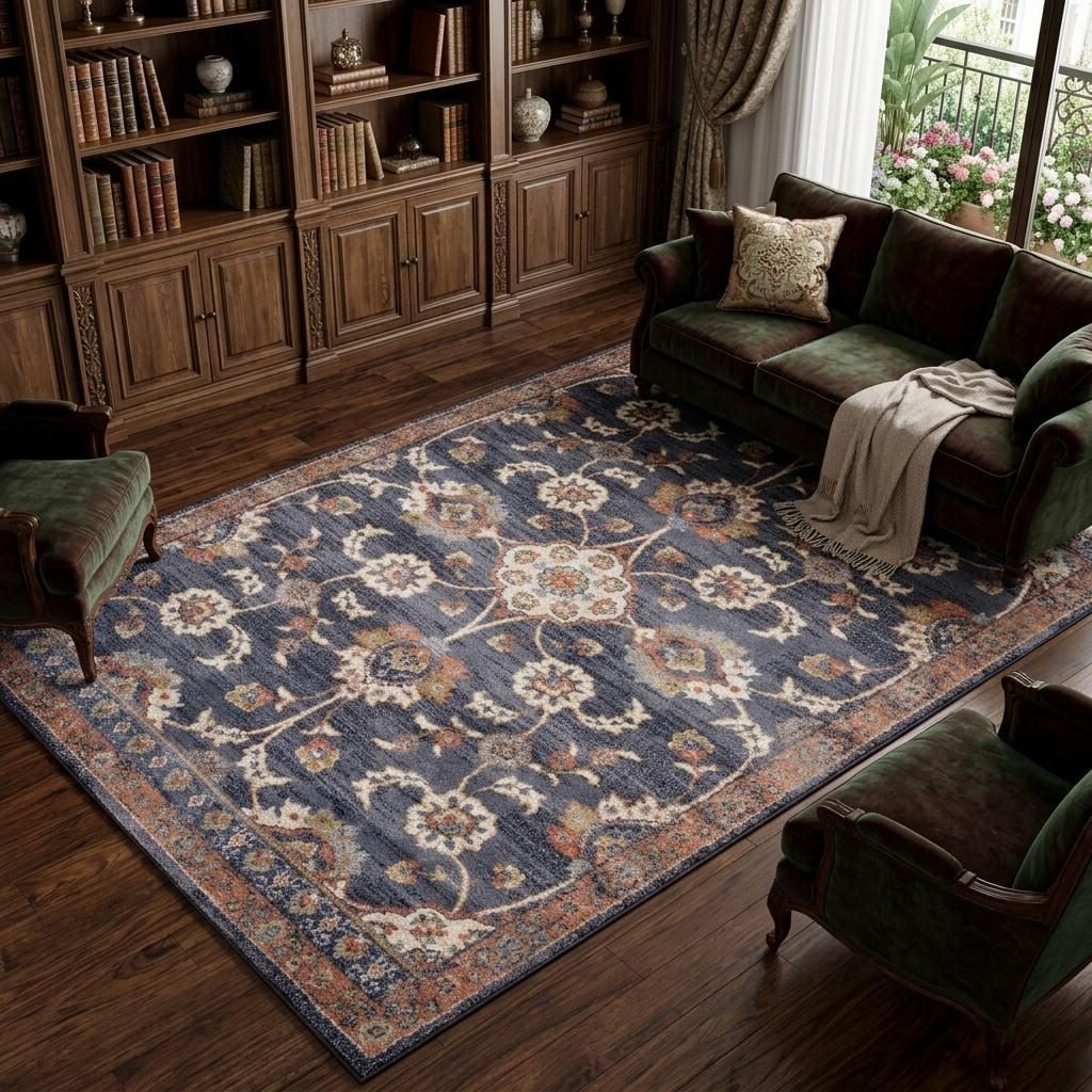 Ivory Orange and Dark Gray Floral Polypropylene Area Rug, 8′ × 10′