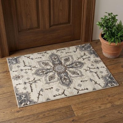 Polypropylene Traditional Ivory Gray and Brown Floral Medallion Area Rug