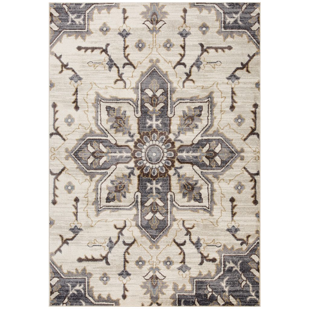 Polypropylene Traditional Ivory Gray and Brown Floral Medallion Area Rug