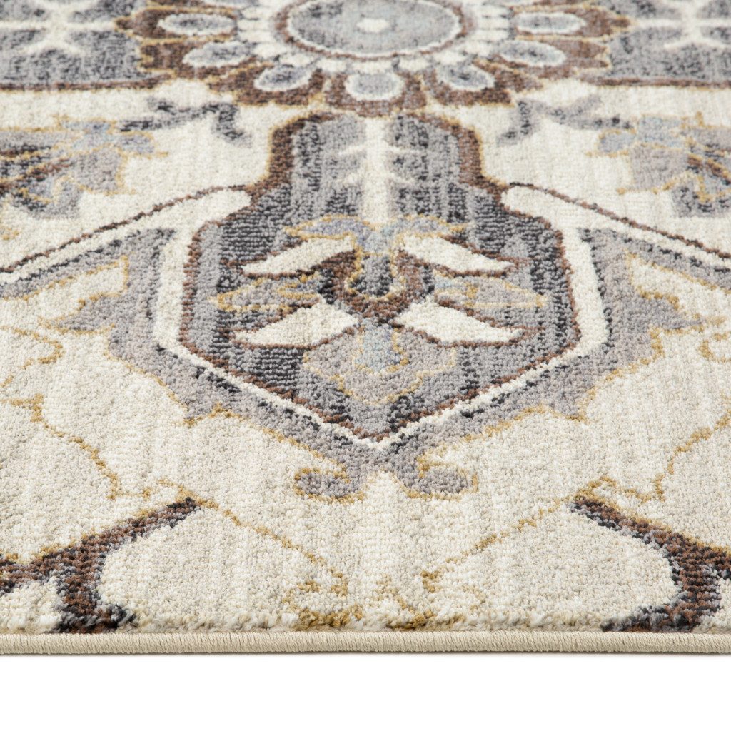 Polypropylene Traditional Ivory Gray and Brown Floral Medallion Area Rug