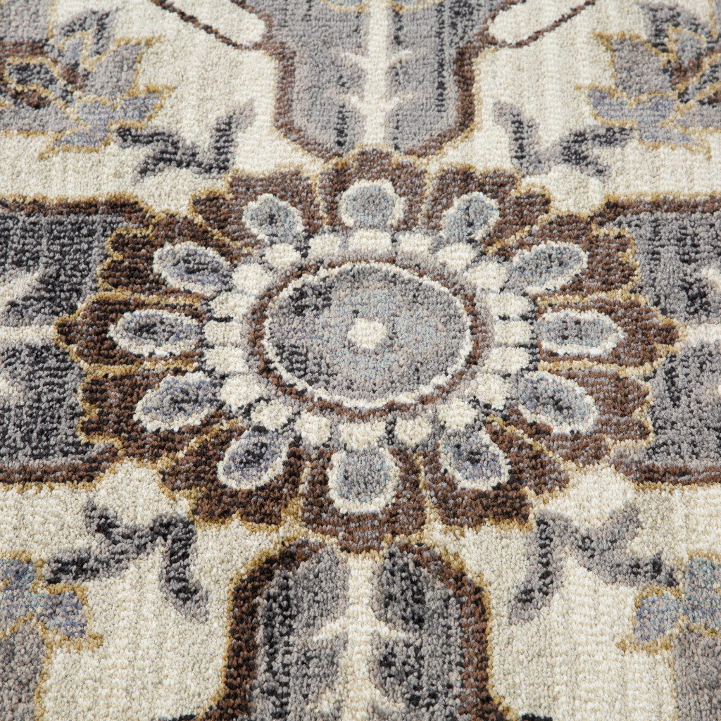 Polypropylene Traditional Ivory Gray and Brown Floral Medallion Area Rug