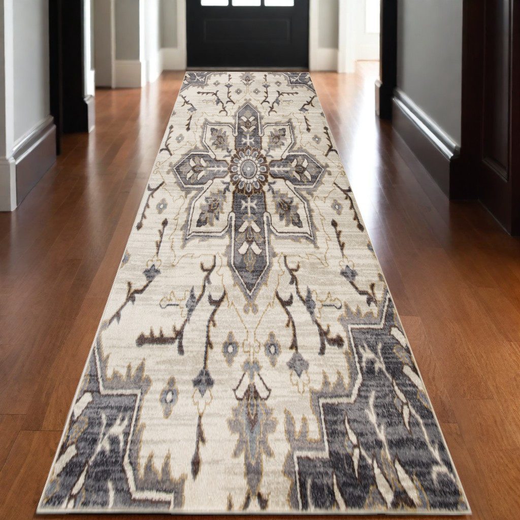 Polypropylene Traditional Ivory Gray and Brown Floral Medallion Area Rug