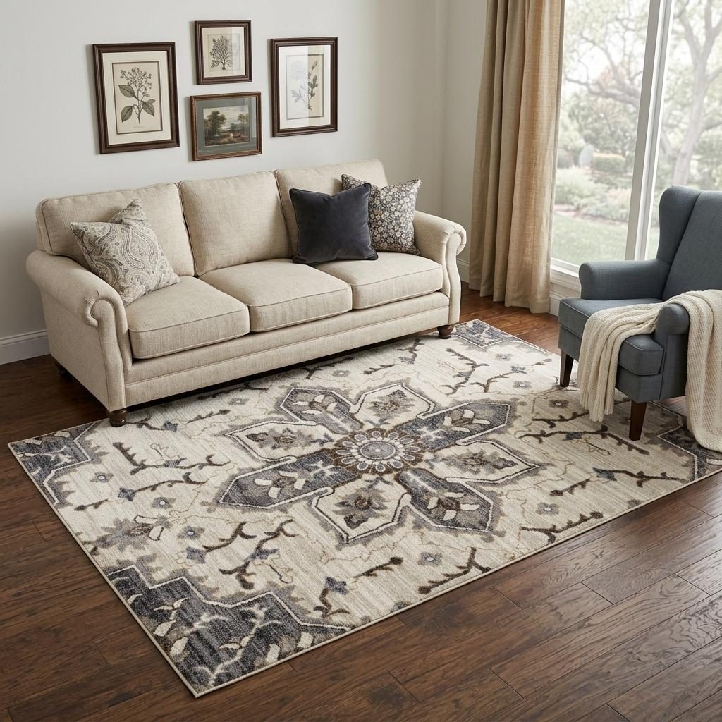 Polypropylene Traditional Ivory Gray and Brown Floral Medallion Area Rug, 5′ × 8′