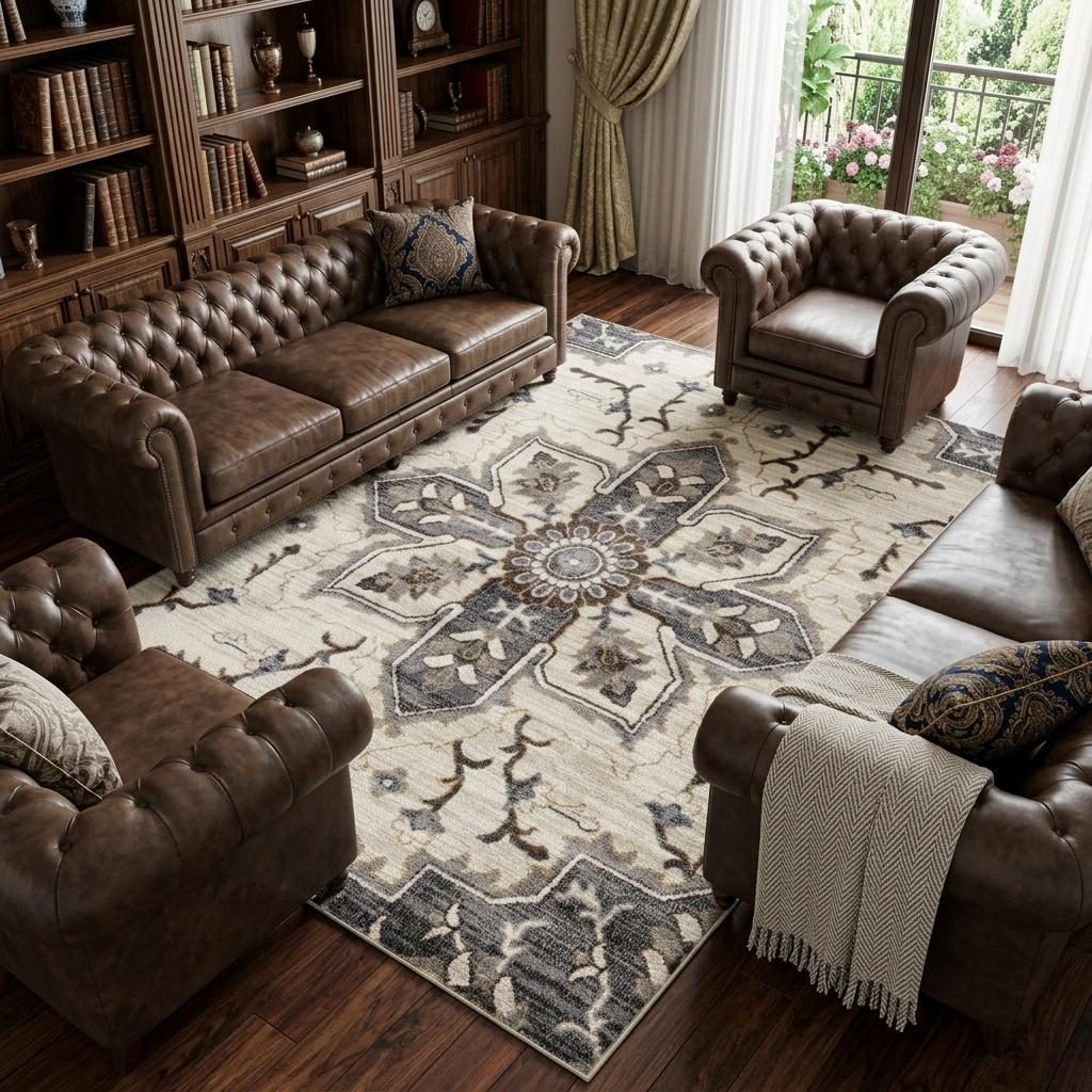 Polypropylene Traditional Ivory Gray and Brown Floral Medallion Area Rug, 8′ × 10′