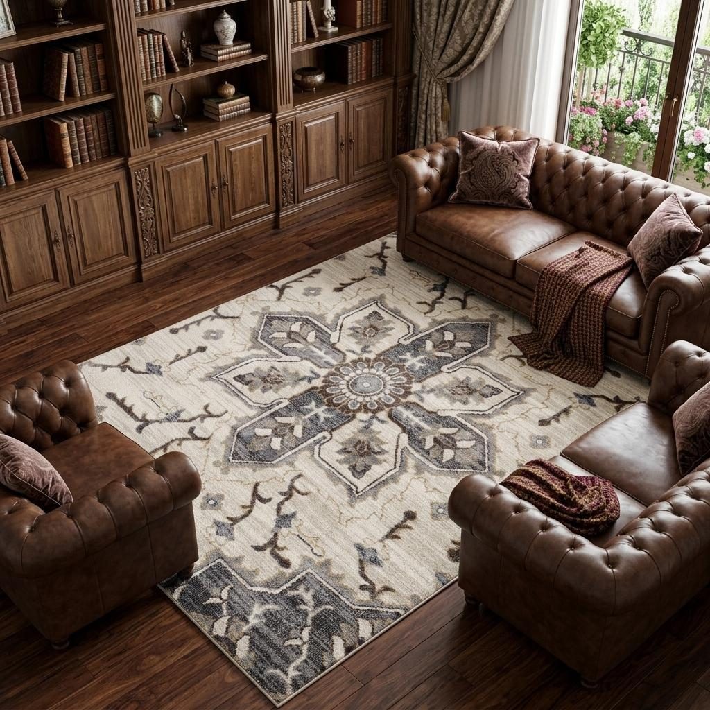 Polypropylene Traditional Ivory Gray and Brown Floral Medallion Area Rug, 9′ × 12′