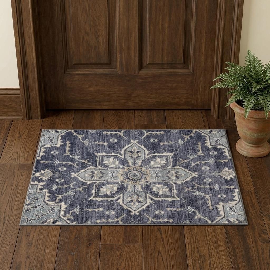 Ivory Gray and Blue Floral Medallion Polypropylene Area Rug, 2′ × 3′