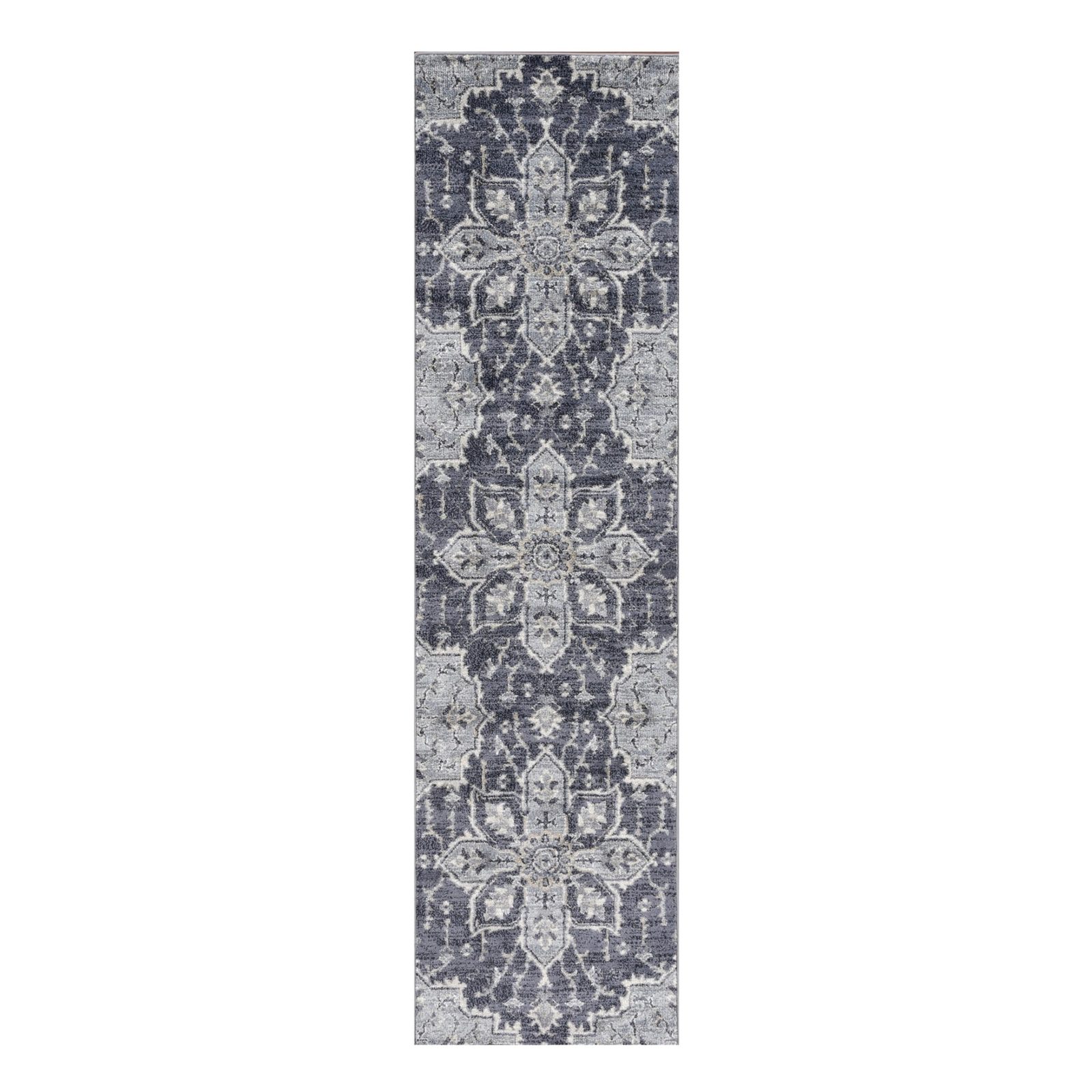 Ivory Gray and Blue Floral Medallion Polypropylene Area Rug