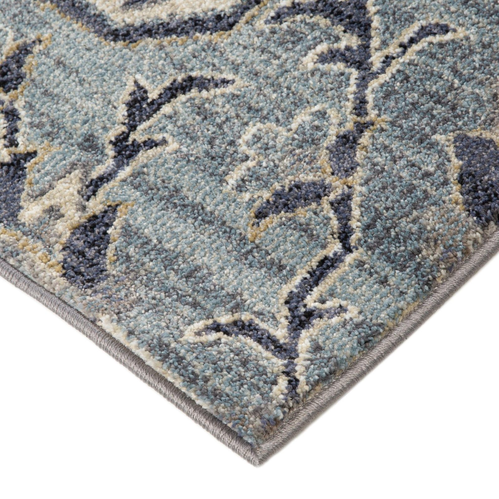 Ivory Gray and Blue Floral Medallion Polypropylene Area Rug