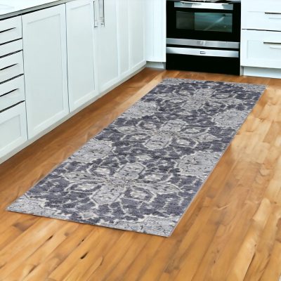 Ivory Gray and Blue Floral Medallion Polypropylene Area Rug