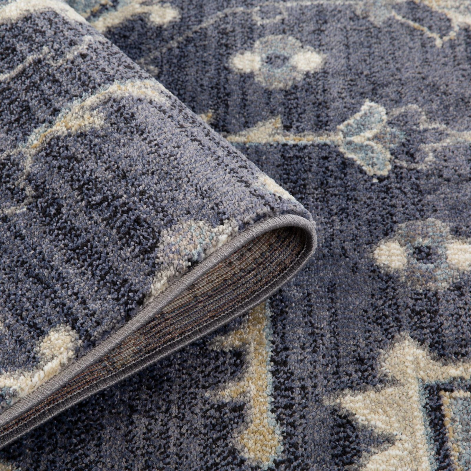 Ivory Gray and Blue Floral Medallion Polypropylene Area Rug