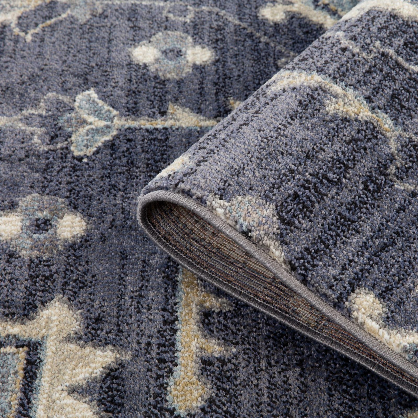 Ivory Gray and Blue Floral Medallion Polypropylene Area Rug
