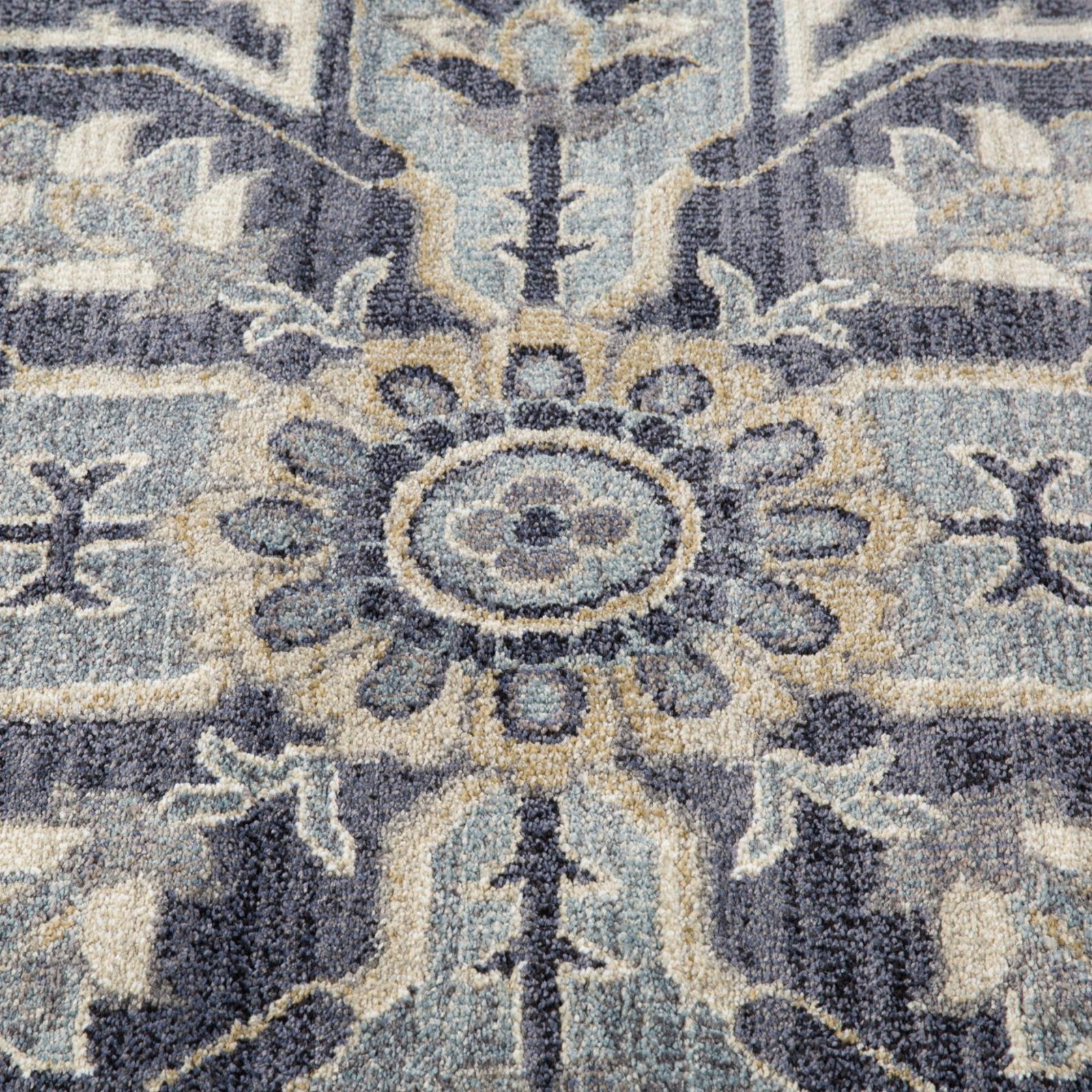 Ivory Gray and Blue Floral Medallion Polypropylene Area Rug
