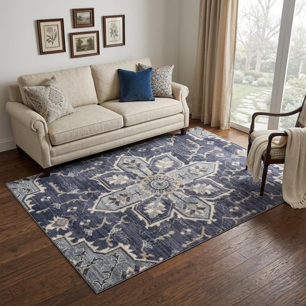 Ivory Gray and Blue Floral Medallion Polypropylene Area Rug, 5′ × 8′