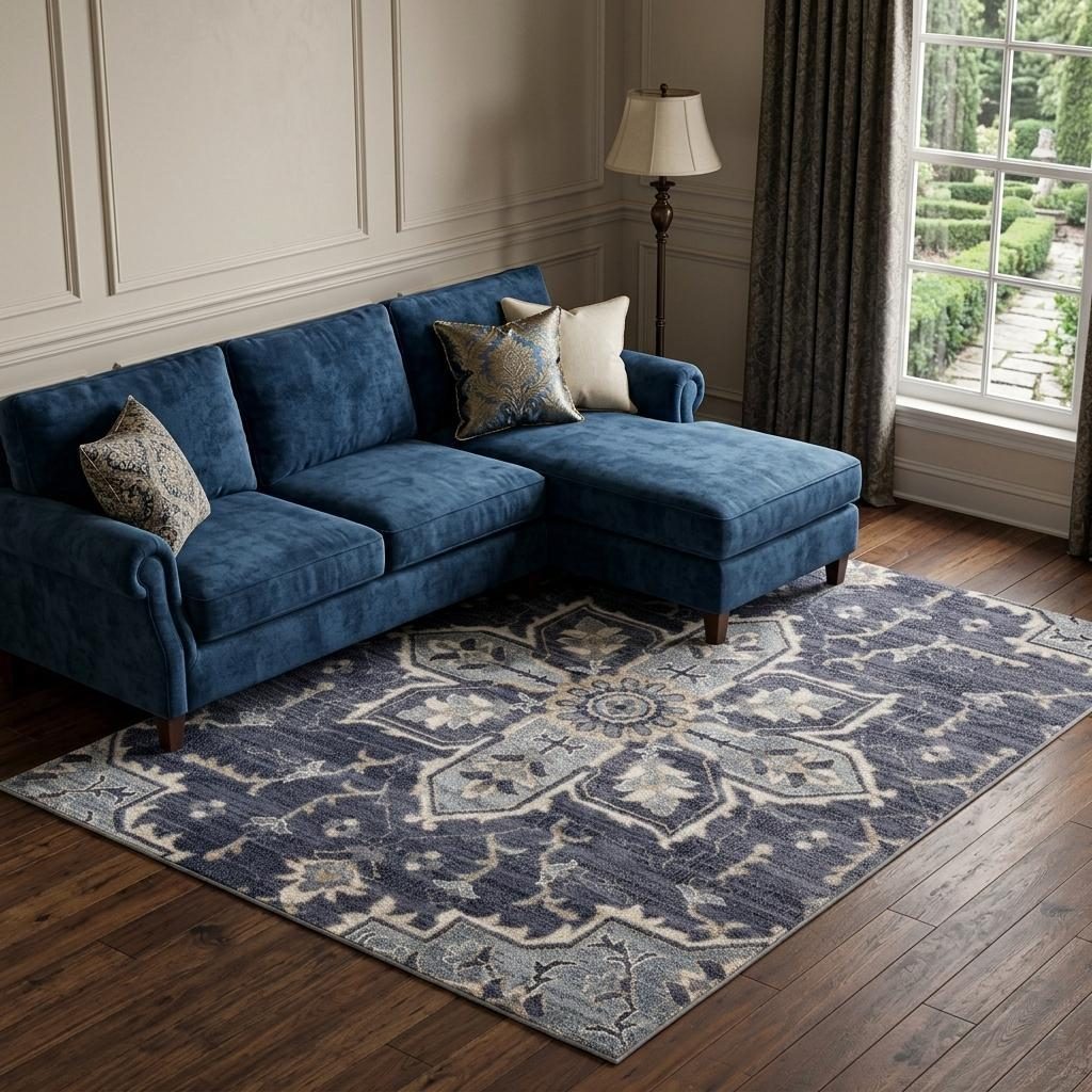 Ivory Gray and Blue Floral Medallion Polypropylene Area Rug, 6′ × 9′