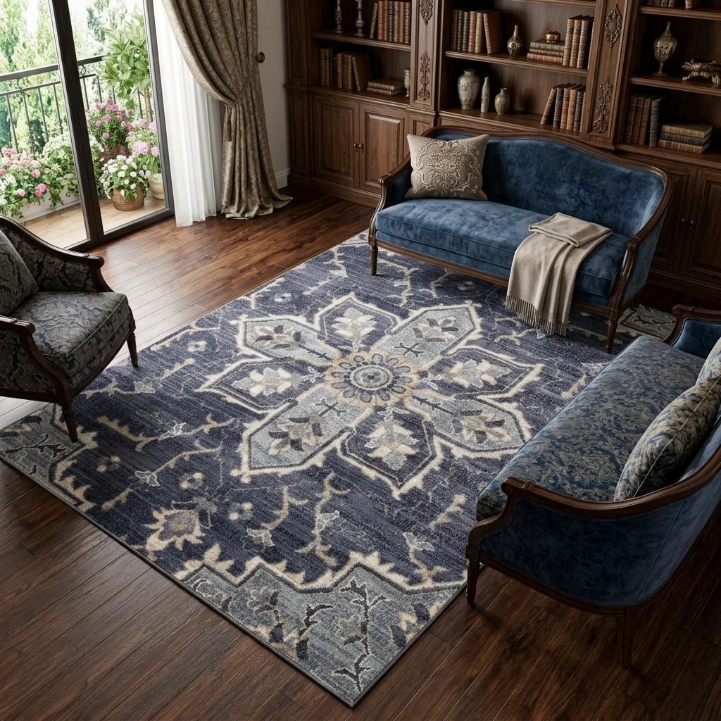 Ivory Gray and Blue Floral Medallion Polypropylene Area Rug, 8′ × 10′