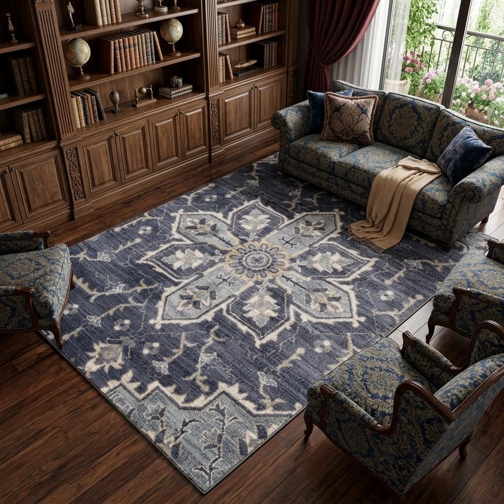 Ivory Gray and Blue Floral Medallion Polypropylene Area Rug, 9′ × 12′