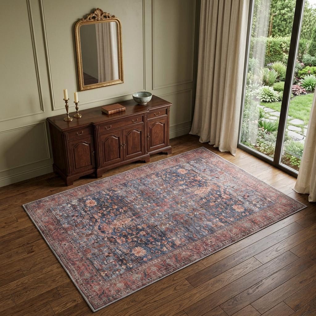 Blue and Red Oriental Washable Polyester Rectangle Area Rug, 4′ × 6′