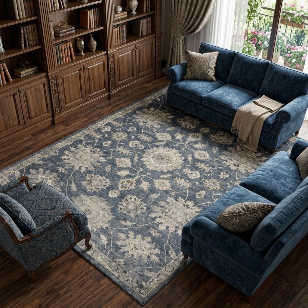 Beige and Blue Floral Medallion Polypropylene Rectangle Area Rug, 9′ × 12′